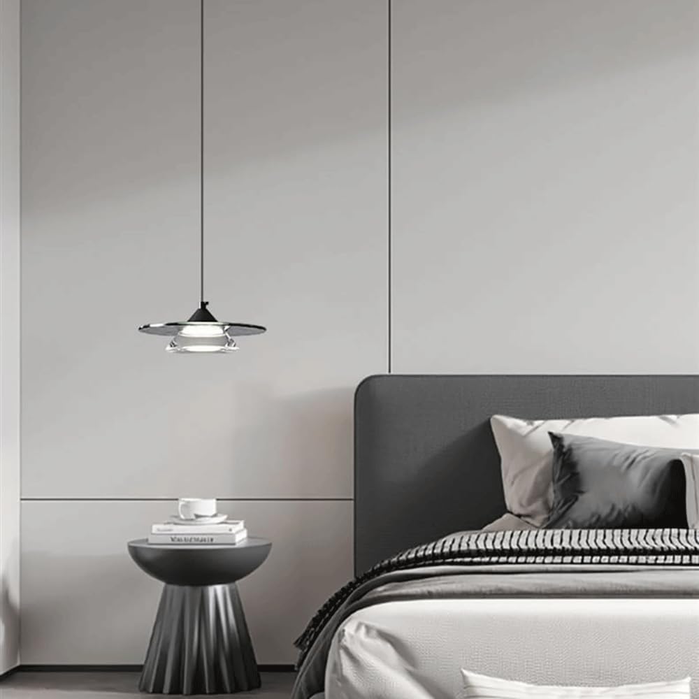 Lampada a Sospensia Forma Di Frisbee Nero, Lampada a Sospensiin Metmartellato con Paralume in Vetro, Lampadario Moderno a Led - 3 W - 3 Modalità Colore, Lampade a Sospensida Comodino, Luci a