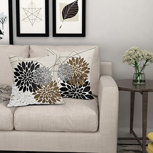 Black Brown Pillow Covers 18X18 Inch Dahlia Flower White Gray Elegant Colored Throw Pillows Farmhouse Outdoor Decor For Home Living Room Sofa Bed Modern Floral Linen Square Cushion Case, Set Of 2 #TOP6