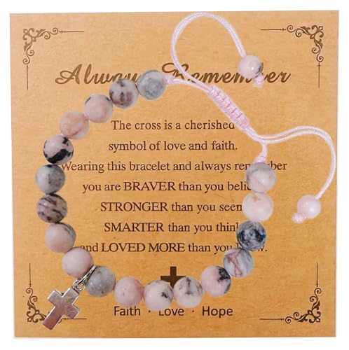 BONITTER Gifts for Teen Girls, Christian Easter Gift Natural Stone Cross Bracelet Heart Bracelets Birthday Gift for Girls Boys Trendy Stuff with Inspirational Card