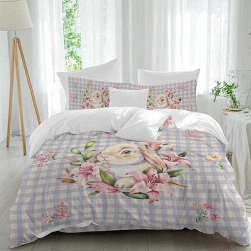 Duvet Cover Set Twin Size Easter Rabbits Pink Tulips Flower