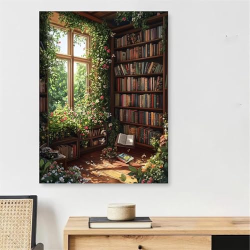Peinture numero adulte avec cadre 60x90cm : kit complet toile bibliothèque
