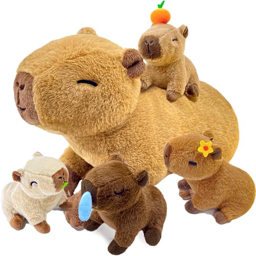 Image of Capybara Plush,Cute Capybara Mommy Stuffed Animal with 4 Baby Capybara Plushies in Tummy,Kawaii Capybara Plush Toy Gift for Kids Girls Boys