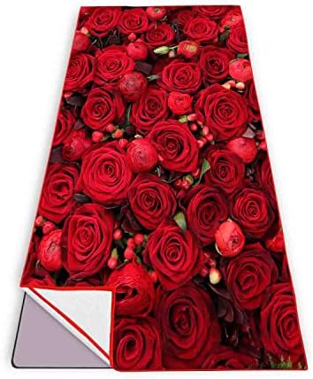 PRUKIVRA Non Slip Yoga Towel with Anchor Fit Corners,Mat Sized,Sweat Absorbent,Microfiber Hot Yoga Towel for Women & Men,75" L x 26" W,Red Rose Floral