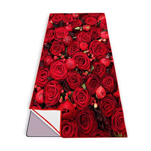 Prukivra Non Slip Yoga Towel With Anchor Fit Corners,Mat Sized,Sweat Absorbent,Microfiber Hot Yoga Towel For Women & Men,75" L X 26" W,Red Rose Floral #TOP3