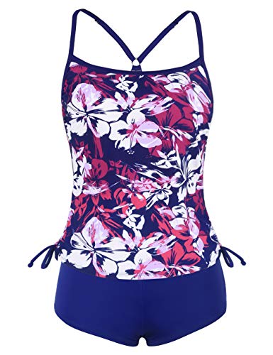 Rocorose Women's Printed Tankini Two Piece Floral Swimwear with Solid Boyleg Bottom Red XS 0-2