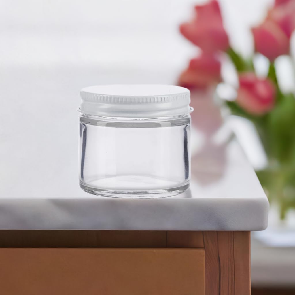 JUVITUS (6 pack) 2 oz / 60 ml Clear Thick Glass Jar with White Metal Airtight Lid