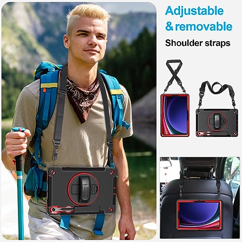 Image of Case for Galaxy Tab S10 Lite &S10 FE S9 FE 10.9 inch /S9 11 Inch: TPU Cover for Samsung Tablet S10 FE / 2025 / S9 FE & S9 2023 5G with Screen Protector- Stand- Handle-Shoulder Strap-S-Pen Holder-Red+Black