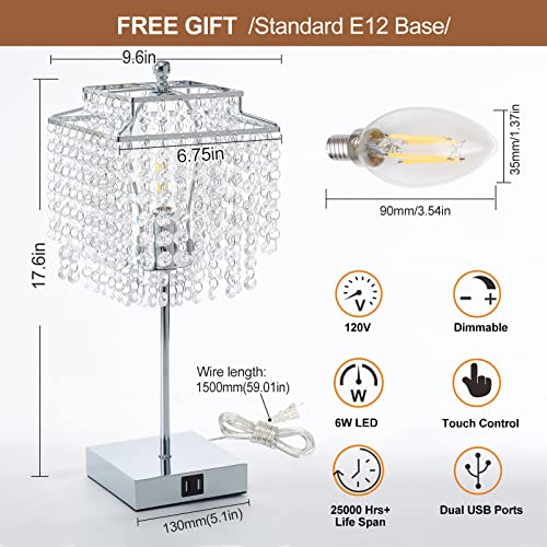 Luvkczc Touch Control Crystal Table Lamp with USB Charging Ports, 3-Way Dimmable Bedside Lamp Decorative Nightstand Lamp with Crystal Shade for Living Room Bedroom, LED Bulb Included