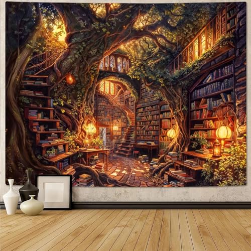 Accnicc Forest Library Tapestry Tree Bookshelf Tapestries Wall Hanging Vintage