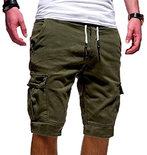 Socluer Short Homme Casual Pantalon Court Sport Jogging Slim Fit Militaire Short de Sport Cargo Montagne Baggy Pants Multi Poches Taille Elastiquée(L,Vert) Cover