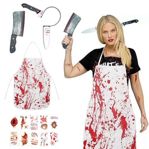 Kaizuca Disfraz de Carnicero Halloween, Traje de Terror Sangriento con Delantal y Accesorio para el Cabello, Accesorios de Miedo para Adultos