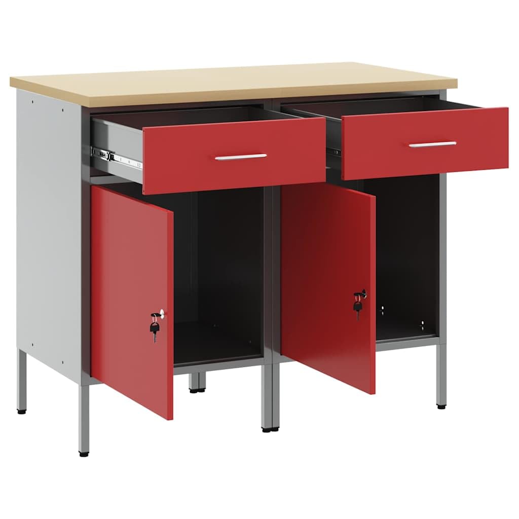 Mobile da lavoro, 2 pezzi, rosso e grigio, 100 x 55 x 85 cm, banco da lavoro, garage, tavolo da lavoro, fai da te, per officina, capannone, casa -B