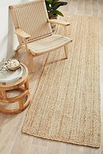 Image of Handmade Natural Jute Cotton Natural Fibers Floor /Door Mat Rugs Furnish Decor Striped Rectangular Design Carpet for Bedroom Living Room (JUTE003, 2x8-Runner)