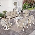 SUNSHINE VALLEY 6 Piece Metal Outdoor Patio Furniture Set, Patio Conversation Set 1 3-Seater Sofa, 2 Fixed Sofa, 2 Swivel Chair with 5.75" Thick Cushion & Coffee Table White Backyard Furniture, Beige