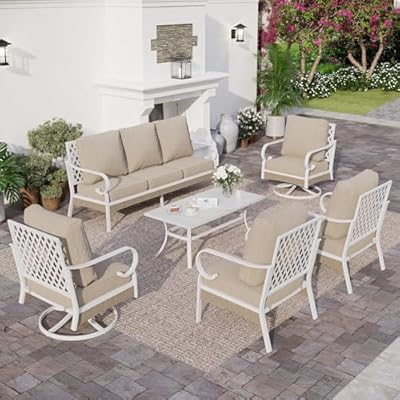SUNSHINE VALLEY 6 Piece Metal Outdoor Patio Furniture Set, Patio Conversation Set 1 3-Seater Sofa, 2 Fixed Sofa, 2 Swivel Chair with 5.75" Thick Cushion & Coffee Table White Backyard Furniture, Beige