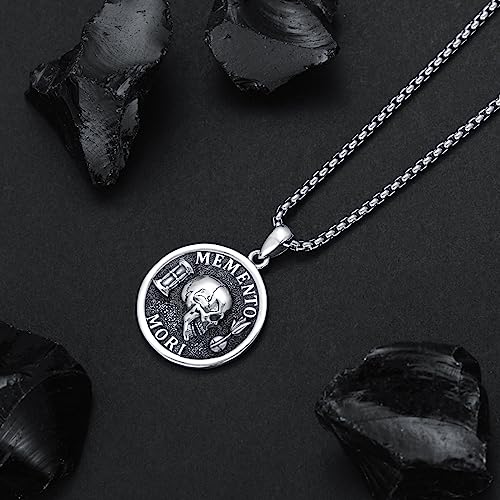PELOVNY Memento Mori Necklace 925 Sterling Silver Gothic Skull Pendant Stoicism Jewelry Gifts for Men Women 22+2 Inch Chain3