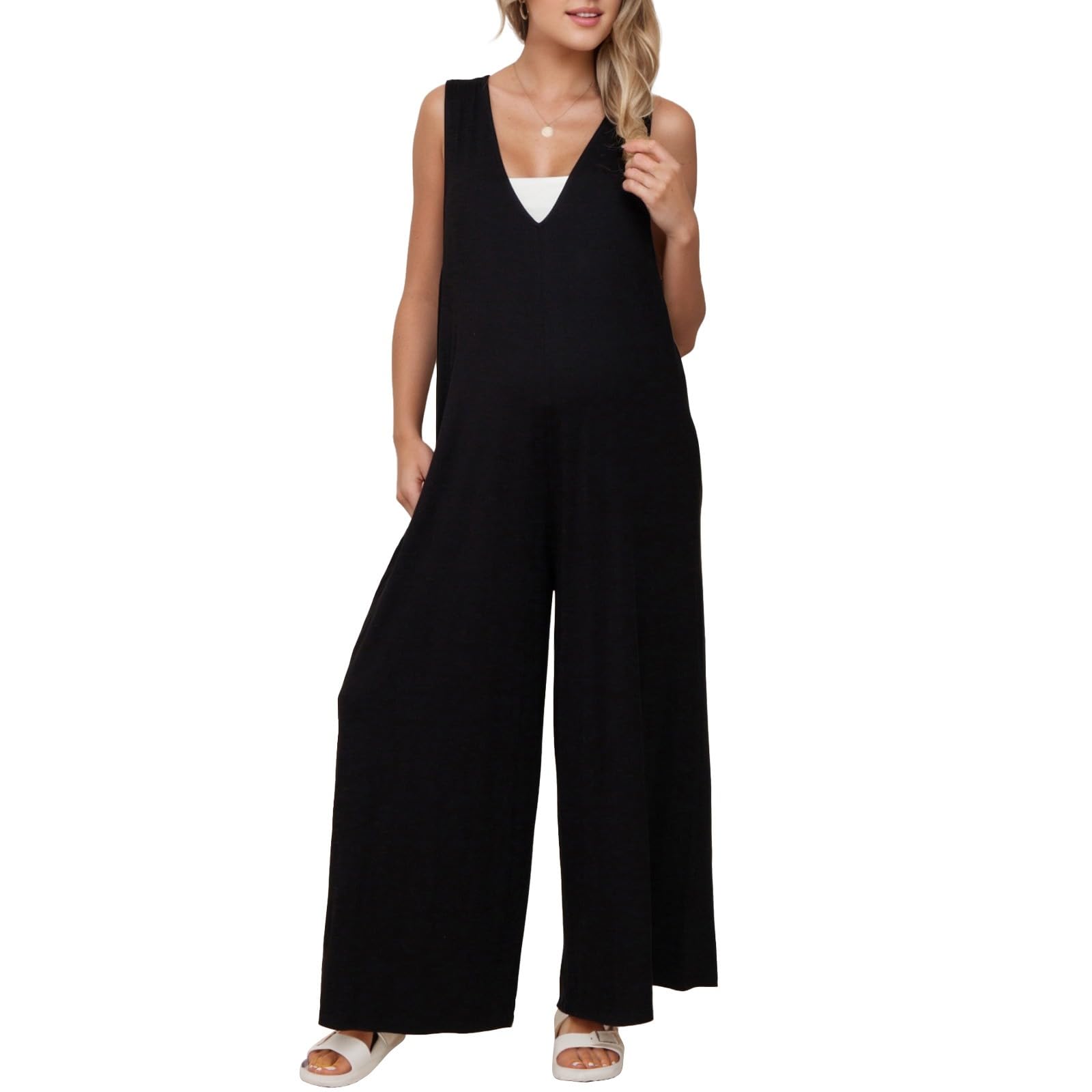 Litthing Peto Mujer Monos Pantalones Palazzo con Bolsillos Casual Tirantes Anchos Jumpsuit Color Sólido Verano Mono Playero Suelto Para Mujer Largo Talla Grande Embarazada Pierna Ancha Overol
