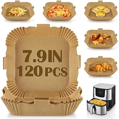 MOSFiATA Air Fryer Disposable Paper Liner, 7.9 Inch Air Fryer Liners Square Non-Stick, Oil-Proof, Water-Proof Baking Roasting Filter Parchment Paper Liners for Air Fryers Accessories, Microwave 120PCS Cover