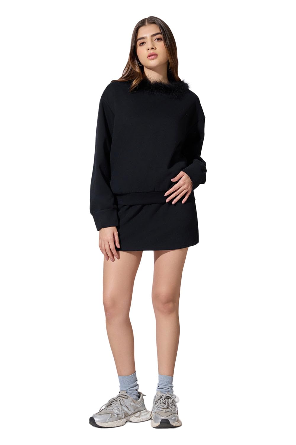 Edition Women's Black Sweatshirt with Mini Skirt Co-Ord Set-CHN-1328_Black-P-image-1