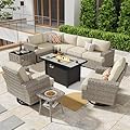 ovios 10 Piece Patio Sectional Furniture with 42" Fire Pit Table, Rattan Wicker Coversation Setwith Swivel Chairs, Outdoor Sofa Set for Outside Porch Balcony Backyard Pool,Beige