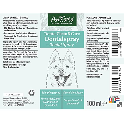 AniForte Denta Clean & Care Dentalspray für Hunde – 100% natürliche Extrakte & Calcium, entfernt Zahnbelag, Mundgeruch Spray für frischen Atem, beugt Plaque, Zahnstein vor, Zahnpflege Spray