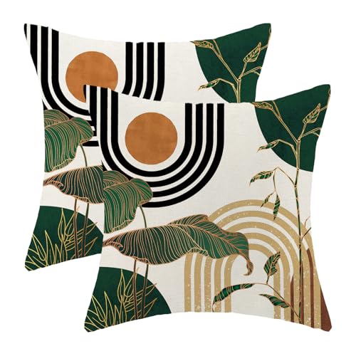 Boho Pillow Covers 18x18 Set of Mid Century Green Black Beige Tropical Leaf Aesthetic Throw Pillow Covers Outdoor Decor,Abstract Modern Bohemian Farmhouse Decorative Cushion Cover for Home Sofa