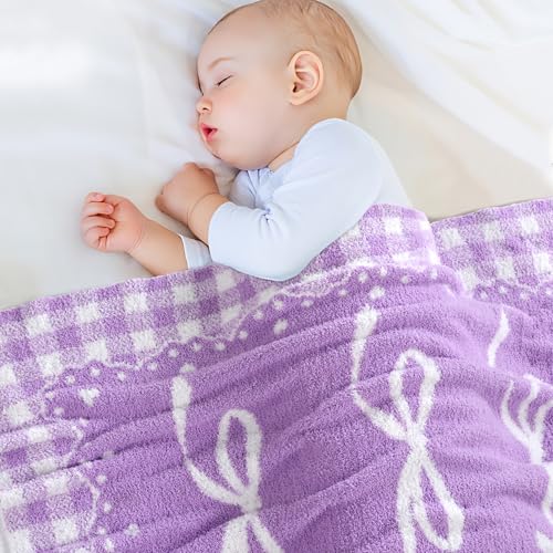 Image of Purple Bow Baby Blanket - Knitted Throw with Elegant Bow Accent for Baby Girls, Nursery Bedding & Shower Presents - Soft & Cozy, 30x40 Inch