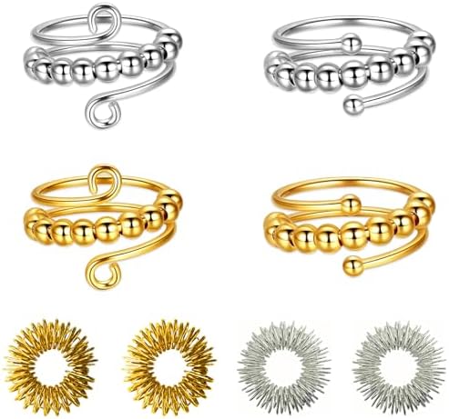 4 Pcs Adjustable Fidget Rings with 4 Acupressure Rings, Fidget Ri...