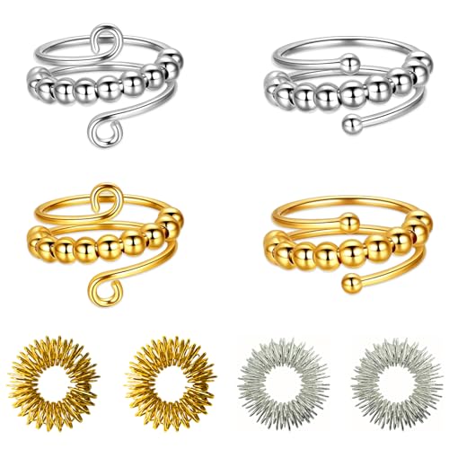 AMSNINK 4 Stück Verstellbare Anti-Stress-Ring Mit 4 Stück Akupressur Ringen, Fidget Ring, Anxiety Ringe, Antistress Ringe, Für Mädchen Und Frauen Stress Relief Ängstlichkeit