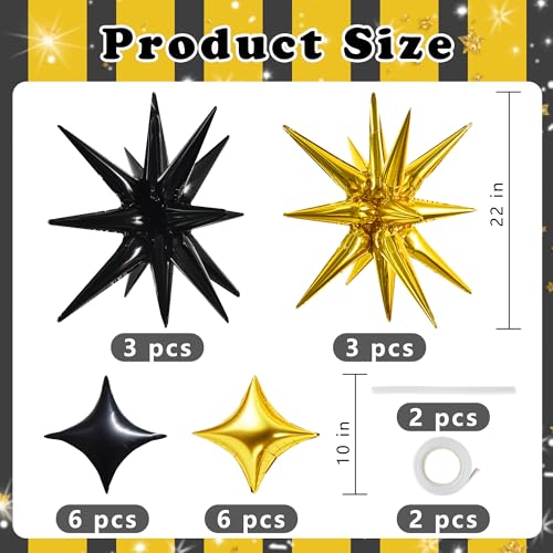 Image of TONIFUL 22Inch 18Pcs Black Gold Large Explosion Star Mylar Balloons and 10Inch Four Pointed Star Balloons Set for Christmas New Year Birthday Wedding Baby Shower Anniversary Photo Booth Supplies