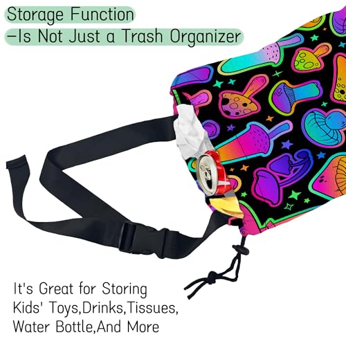 Image of Bright Mushrooms Car Garbage Bag,Colorful Mushroom Waterproof Small Car Trash Bag Hanging Back of Seat,Drawstring Hanging Car Trash Bag with Adjustable Buckle for Car Accessories