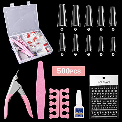 Inmorven Clear Acrylic Nail Tips,500pcs False Nails With Glue Press on Nail Acrylic Nail Kit,10 Sizes Half Cover French False Nail With Case, 6 extra set gift.