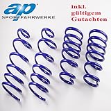 Sie erhalten hier 4 AP Tieferlegungsfedern mit einer Tieferlegung von 60/30 (jeweils zwei Stück für die Vorder- und die Hinterachse) mit gültigem Gutachten, d. h. sie werden bei anerkannten Prüfstellen wie TÜV,Dekra, KÜS oder GTÜ eingetragen. Dieses liegt dem Lieferumfang bei