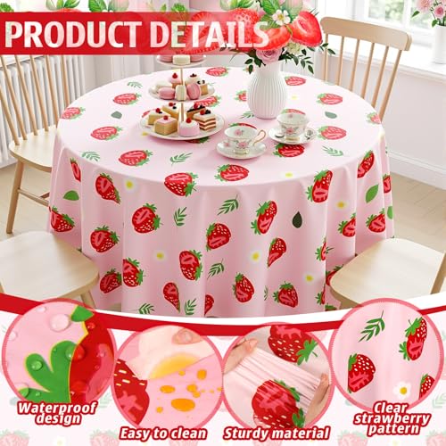 Image of Ganeen 6 Pcs Strawberry Plastic Tablecloth Pink Strawberry Round Tablecloths Birthday Decor Disposable Plastic Round Waterproof Table Covers for Holiday Weeding Tea Decoration Party Favor