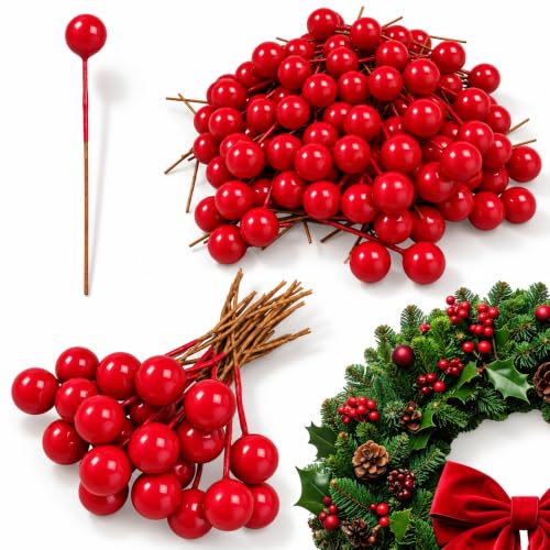 Bayas de Acebo Artificiales, Decoración de Navidad, Mini Bayas Navideñas, Longitud 6 cm, diámetro de Las Bayas 1 cm, 300 Unidades Color Rojo
