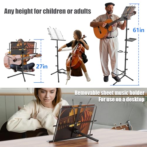 Wosoyun Adjustable Guitar Stand with Music Sheet Stand 2 in 1 Dual-Use Design Lightweight Portable Adjustable Music Book Stand with Tripod Electric Guitar Stand Single & Tray - Thumbnail 6