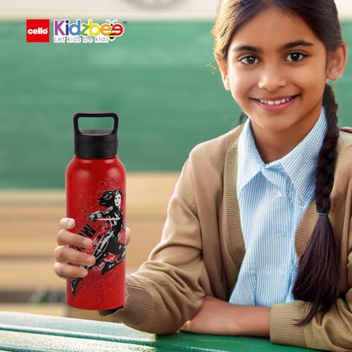 Image of CELLO Kidzbee Aqualoop 3D Black Widow Design Stainless Steel Kids Water Bottle For Daily Use 790 ml, Red | 3D Touch & Feel Print, Single Wall Fridge Safe Rustproof & Leakproof School Kids Water Bottle