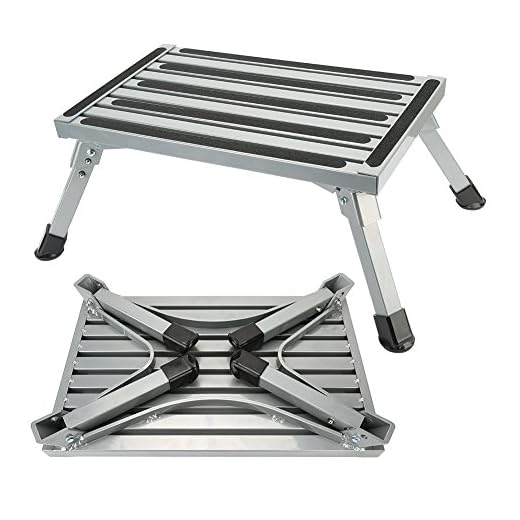 Step Stool Folding Aluminum RV Step Platform with Anti-slip Surface Sturdy Lightweight Maximum Load is 550 LB Perfect as RV Motorhome Trailer SUV Camper Extra Step