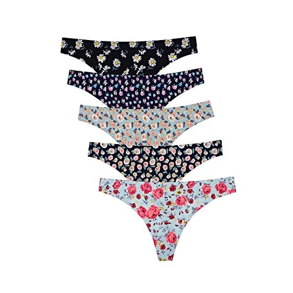 VOENXE-Seamless-Thongs-for-Women-No-Show-Thong-Underwear-Women-5-10-Pack voenxe Seamless Thongs for Women No Show Thong Underwear Women 5-10 Pack (5 Pack Floral Design, Large)