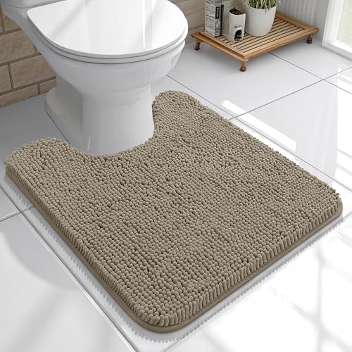 Image of OLANLY Toilet Rugs U-Shaped 20x20, Extra Soft Absorbent Chenille Contour Bathroom Rugs for Toilet, Dry Quickly, Machine Washable, Non-Slip Bath Mat, Warm Taupe