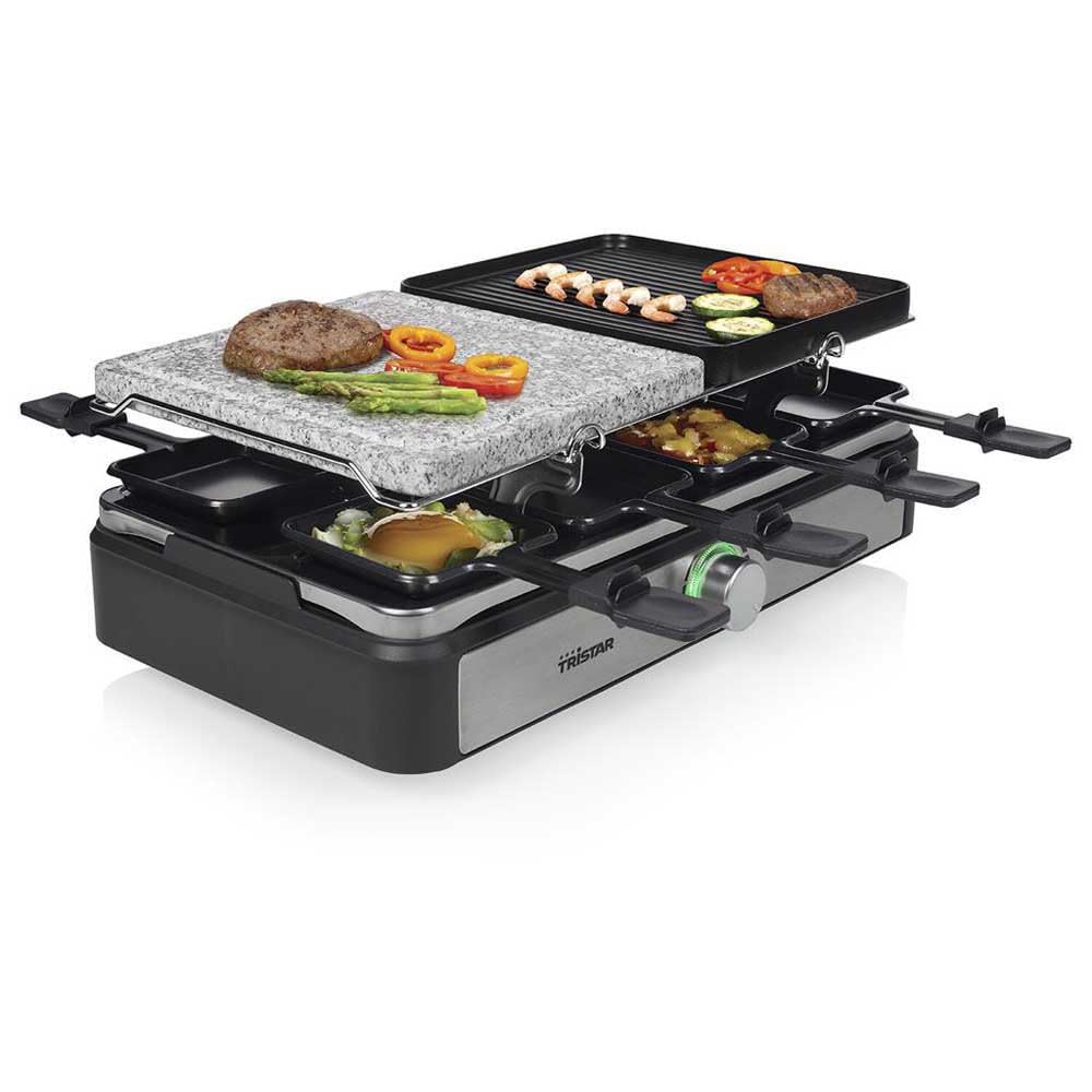 Tristar RA-2725 Raclette multifuncional cinco en uno, plancha de asar, parrilla, raclette y plancha de piedra, termostato regulable, superficie doble de 21 x 23 cm, Para 8 comensales, 1400 W