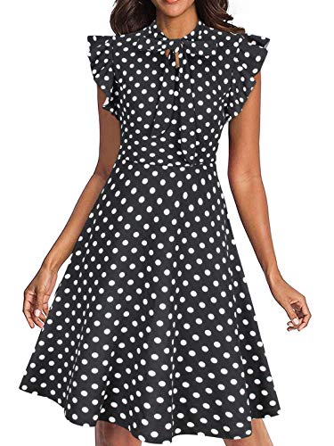 Women's Tie Neck Sleeveless Vintage Ruffle Floral Flared A Line Swing Casual Cocktail Party Dresses Polka Dot Small