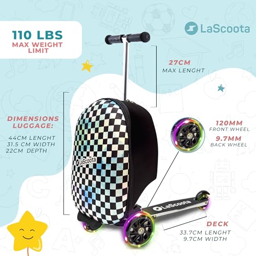 Lascoota Scooter Suitcase, Foldable Scooter Luggage For Kids - Lightweight Kids Ride on Luggage Scooter with Wheels, LED Lights - Checkered Graphic Suitcase Scooter, Ride On Suitcase for Kids Ages 2-5