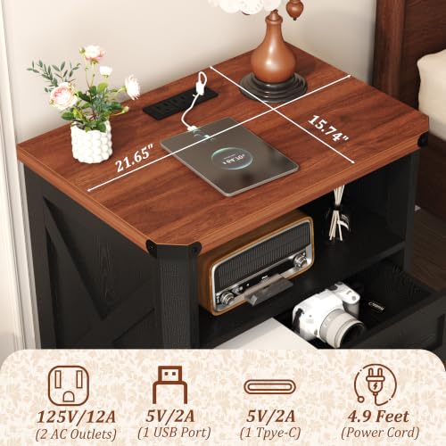 Image of Yusong 23.62 inch Tall Farmhouse Nightstand, Rustic Wooden Night Stand with Charging Station, Beside Table with Drawers and Open Storage, End Tables for Bedroom, Black