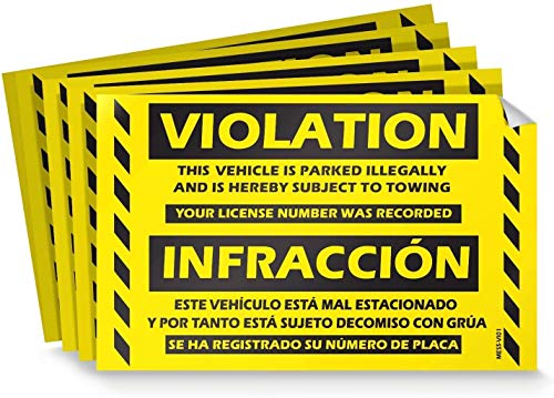 Parking Violation Stickers for Cars (Fluorescent Yellow) - 50 Bilingual Spanish No Parking Prohibido Estacionar/Hard to Remove Super Sticky No Park Tow Warnings 8â€ x 5â€ by MESS