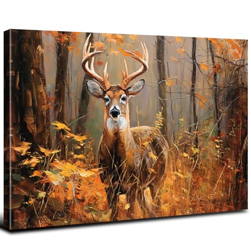 Deer Pictures Wall Decor Fall Forest Wall Art Autumn Orange Forest Landscape Canvas Prints Wildlife Animal Poster Nature Woodland Elk Painting Artwork for Bedroom Living Room Home Decoration 12x16"