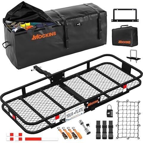 Mockins 60x20x6 Folding Cargo Carrier Hitch Mount Steel Cargo Basket Cover