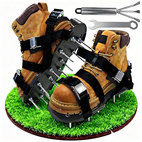 Lawn Aerator Shoes Heavy Duty Lawn Aerator with Metal Buckle & Adjustable Straps Pre-Assembled Grass Aerator Spike Shoes Garden Aerator Lawn Scarifier with Mud Removal Rake for Lawns & Garden