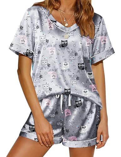 Image of Ekouaer Silk Pajama for Women Short Sleeve Satin Pj Set Two Piece Soft Sleepwear Loungewear S-XXL