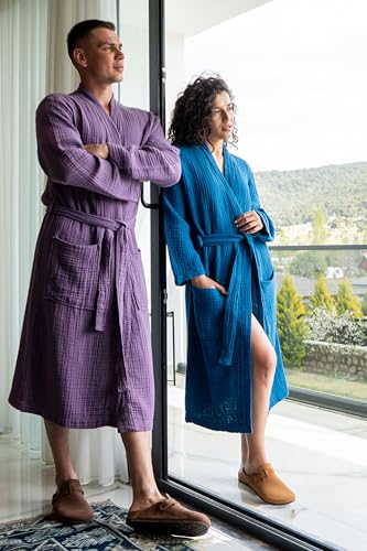 Image of Muslin Unisex Bathrobe Women & Men, 100% Cotton Kimono Lightweight Robe | Long Robes Soft, Absorbent, Spa robes